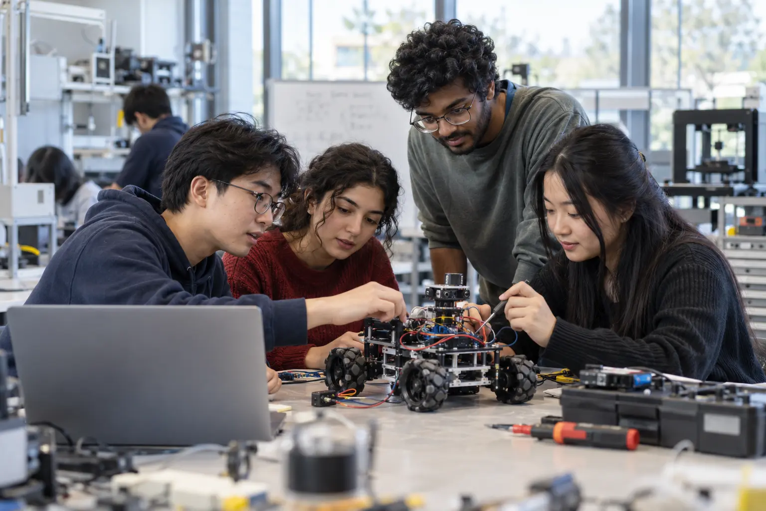 Undergraduate students collaborating on a robotics project in a university laboratory