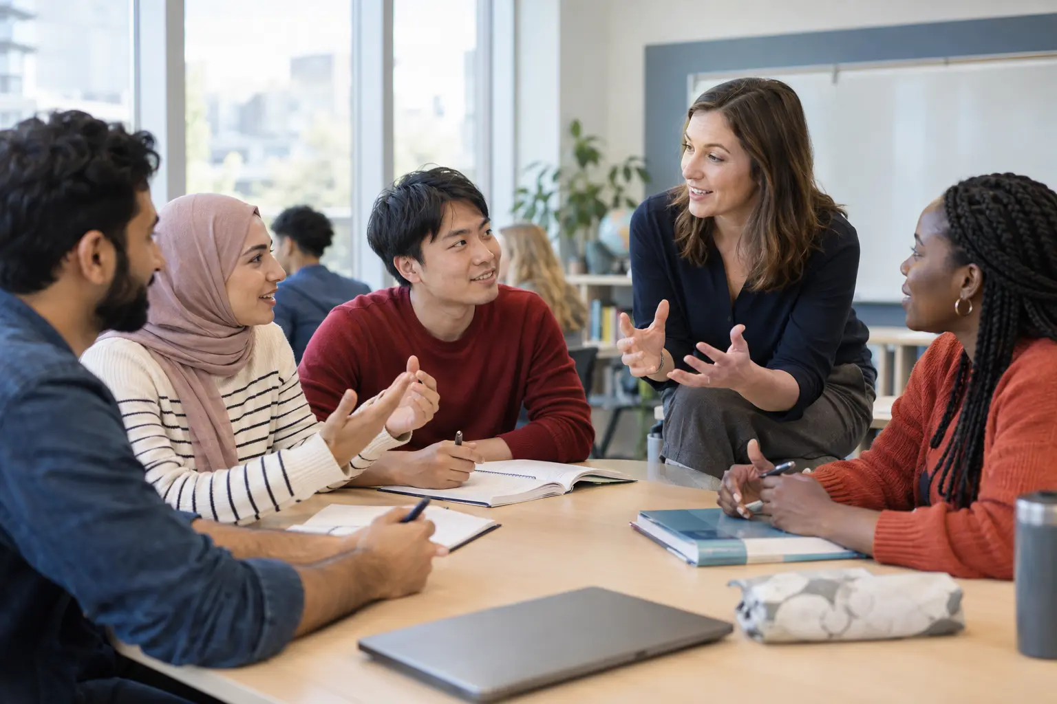 International students practicing English together in a modern classroom