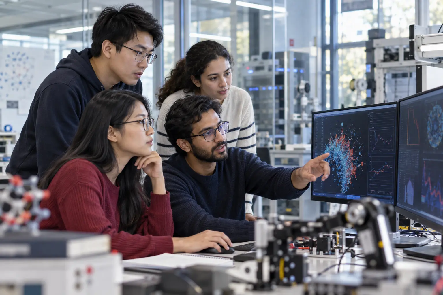 Graduate students working on artificial intelligence research in a university laboratory